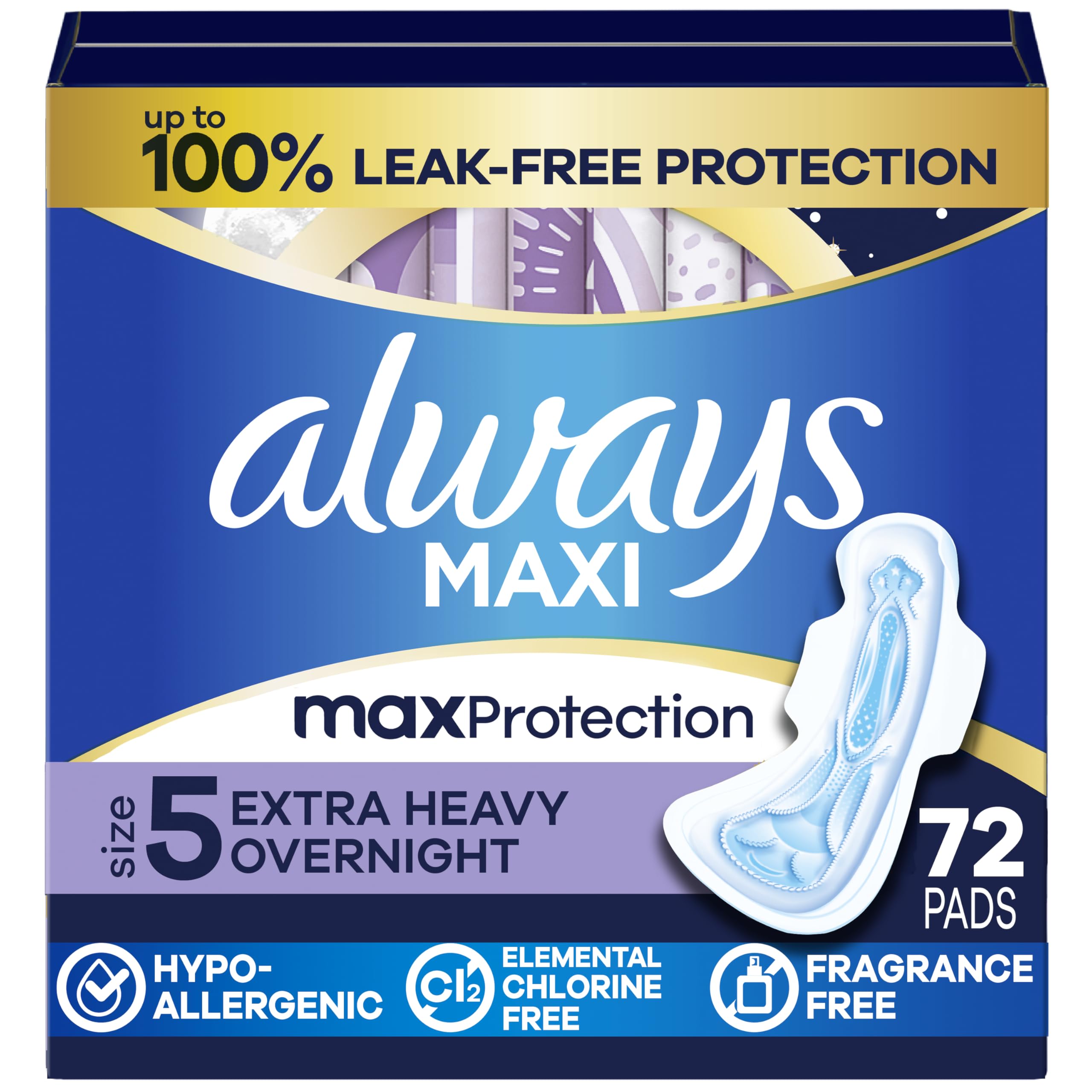 Always empaque frontal mostrando 72 unidades y beneficios de protección