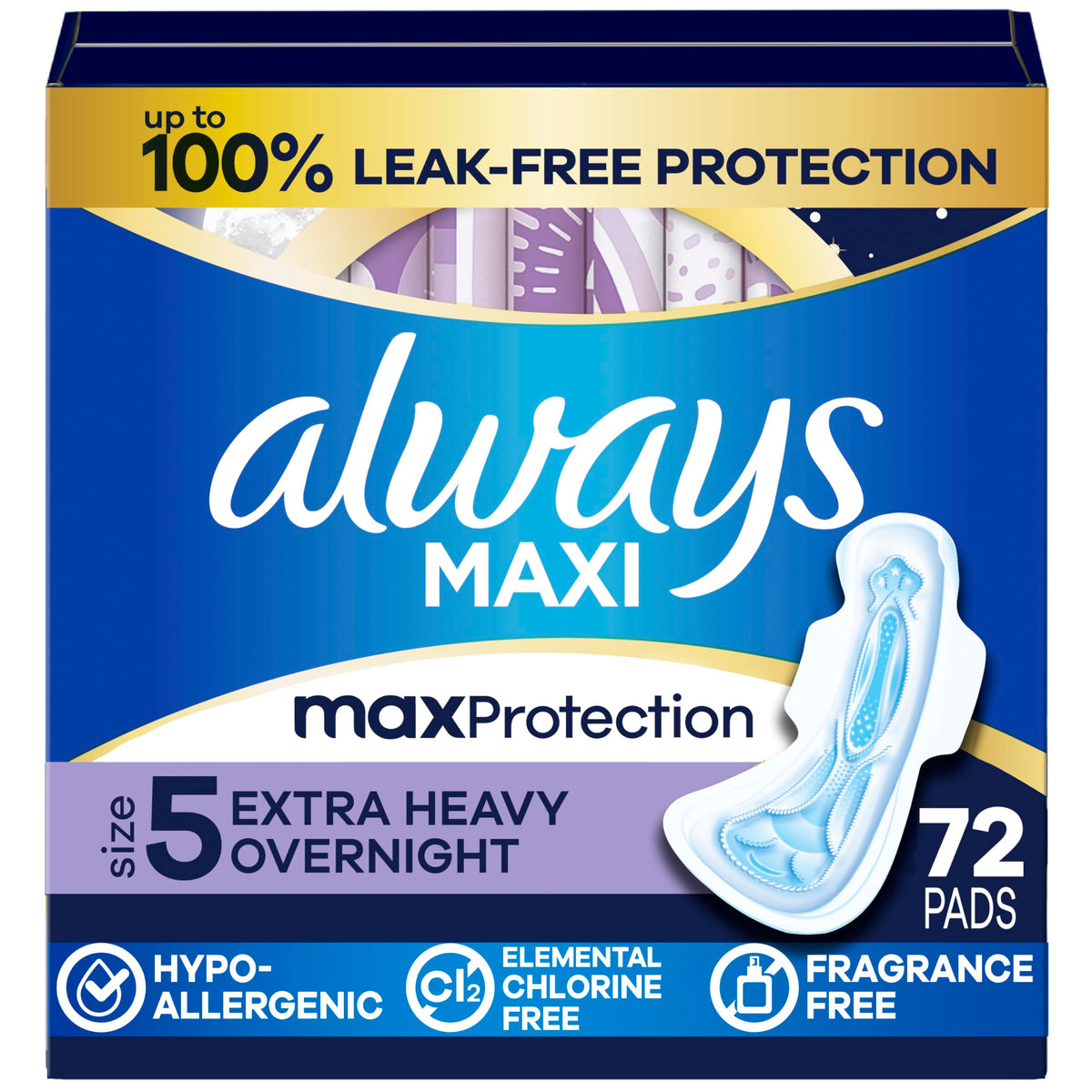 Always empaque frontal mostrando 72 unidades y beneficios de protección