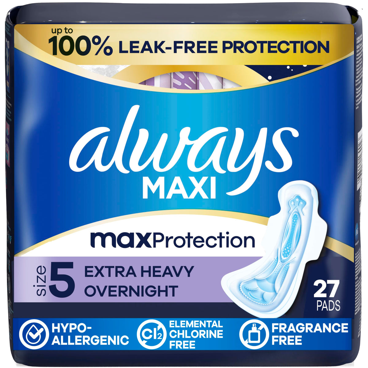 Always vista frontal del empaque mostrando 27 unidades y beneficios