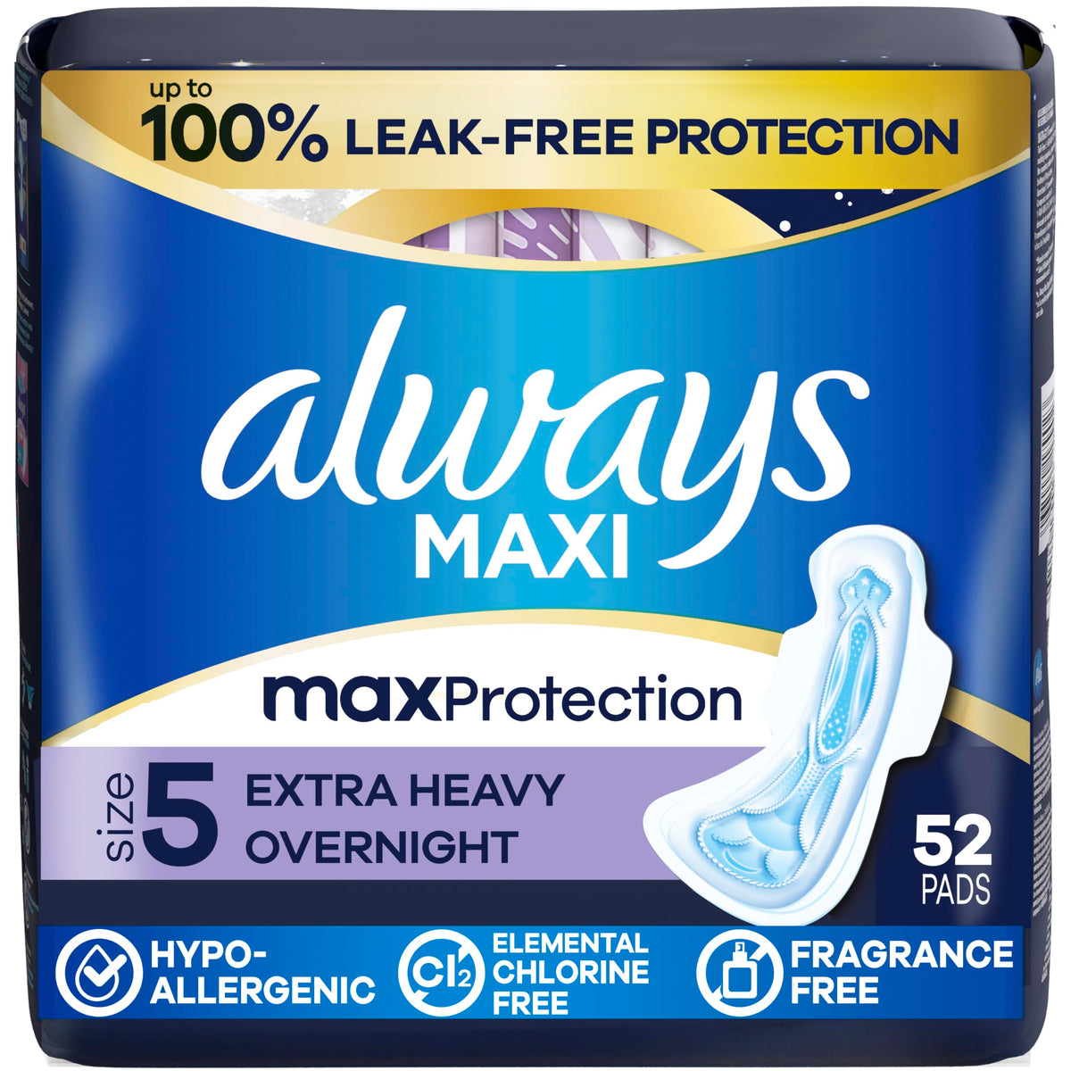 Always paquete frontal talla 5 mostrando 52 unidades y protección nocturna