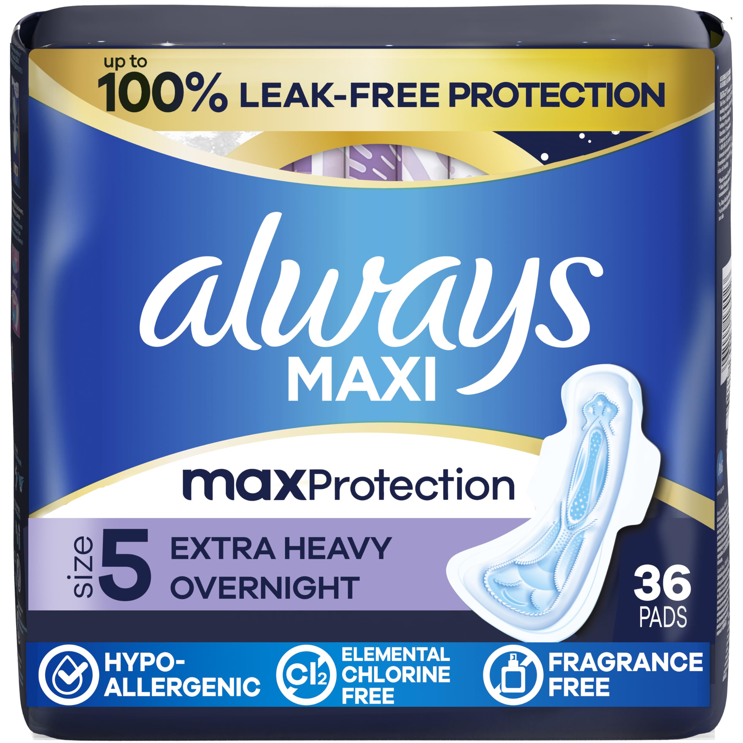 Always Maxi Overnight frontal del empaque mostrando la talla 5 y 36 unidades