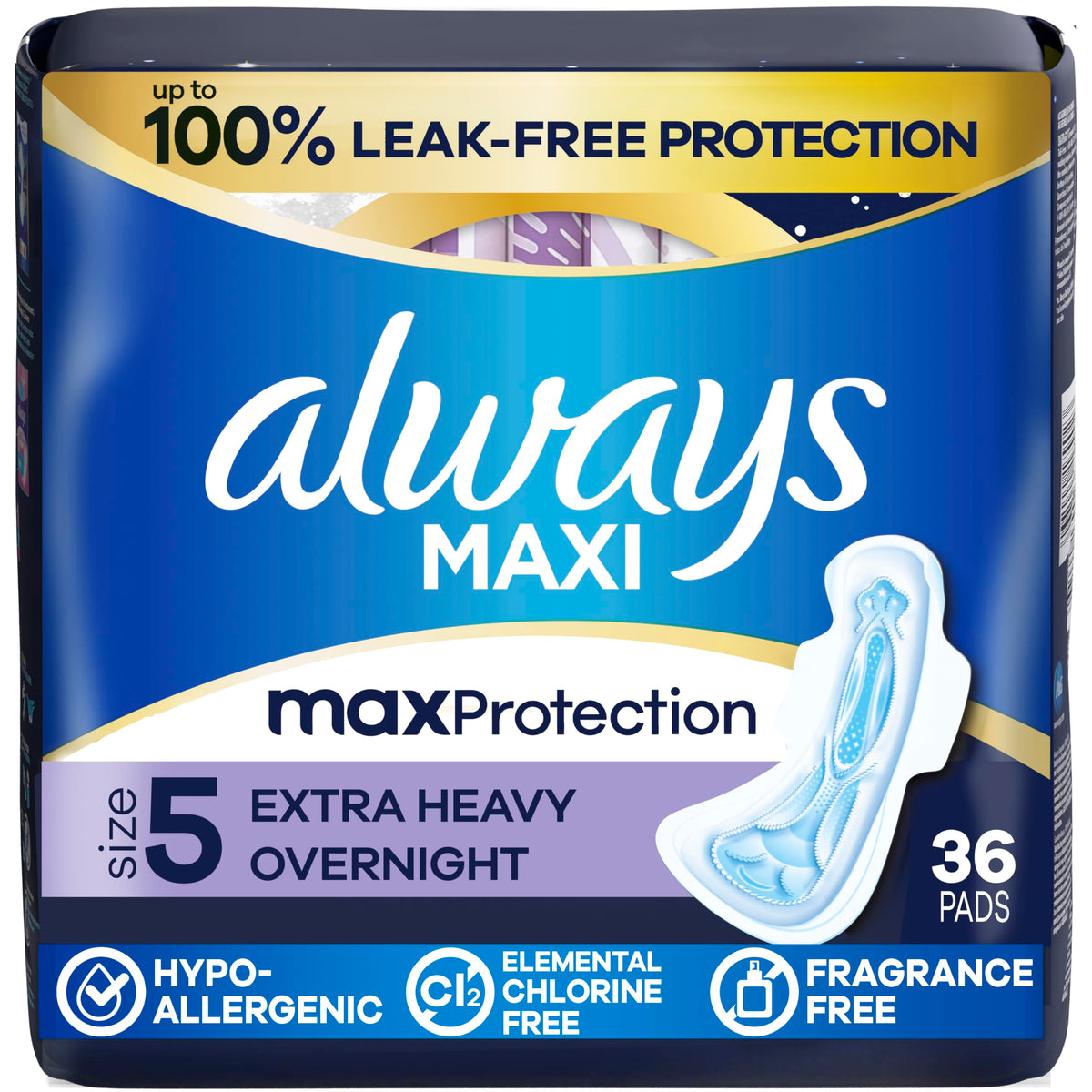 Always Maxi Overnight frontal del empaque mostrando la talla 5 y 36 unidades