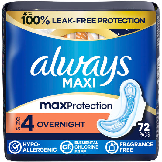 Always Maxi Size 4 empaque frontal que muestra cantidad y tamaño, confianza nocturna