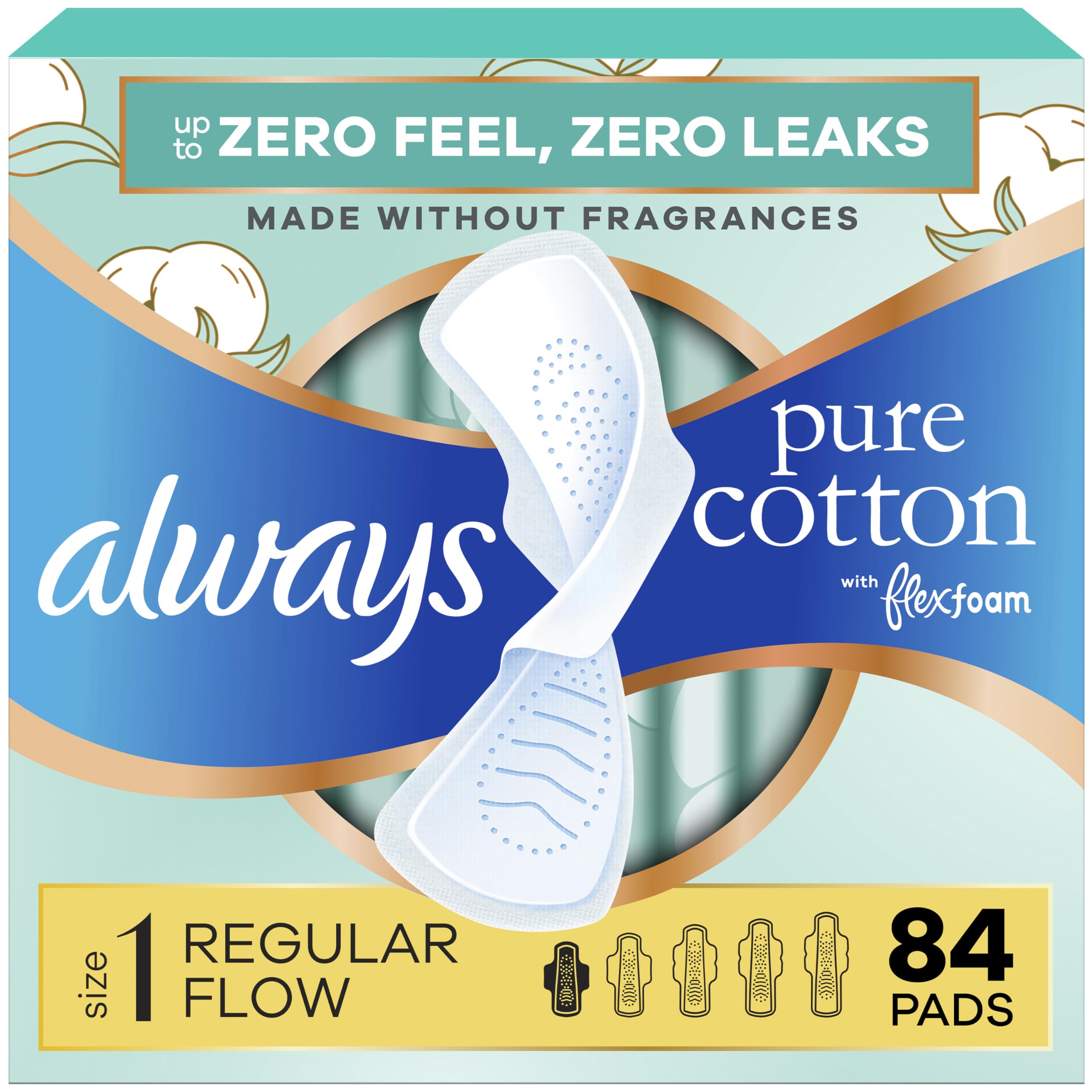 Always Pure Cotton frente del empaque mostrando 84 unidades y beneficio de protección