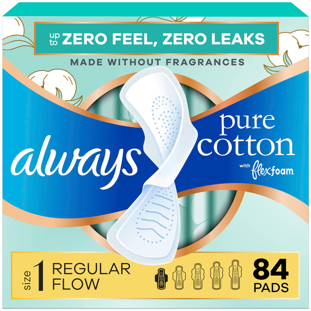 Always Pure Cotton frente del empaque mostrando 84 unidades y beneficio de protección