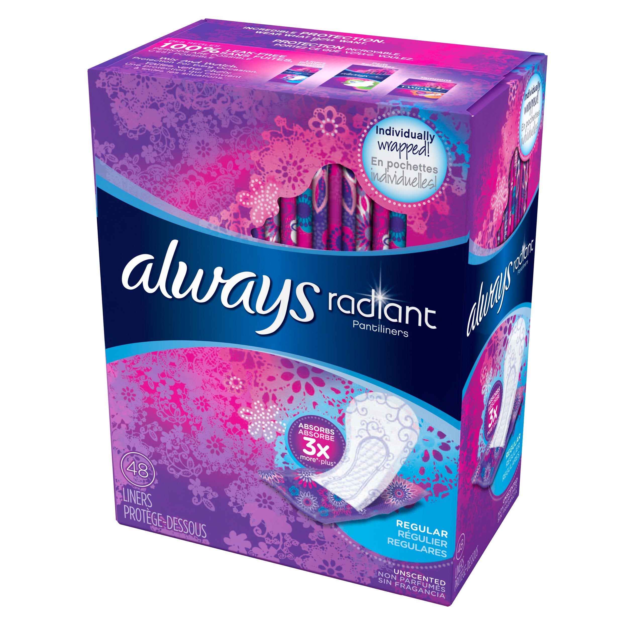 Comparación de tamaño Always Radiant junto a una prenda interior para escala
