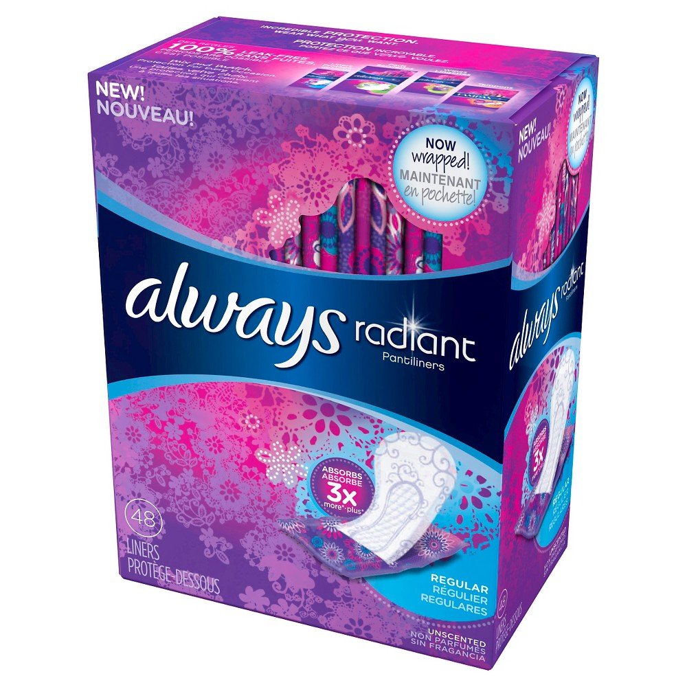 Always Radiant empaque frontal mostrando 48 unidades y fácil identificación