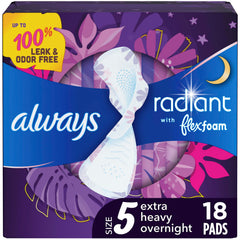 Always Radiant empaque frontal mostrando 18 unidades y diseño moderno para confianza