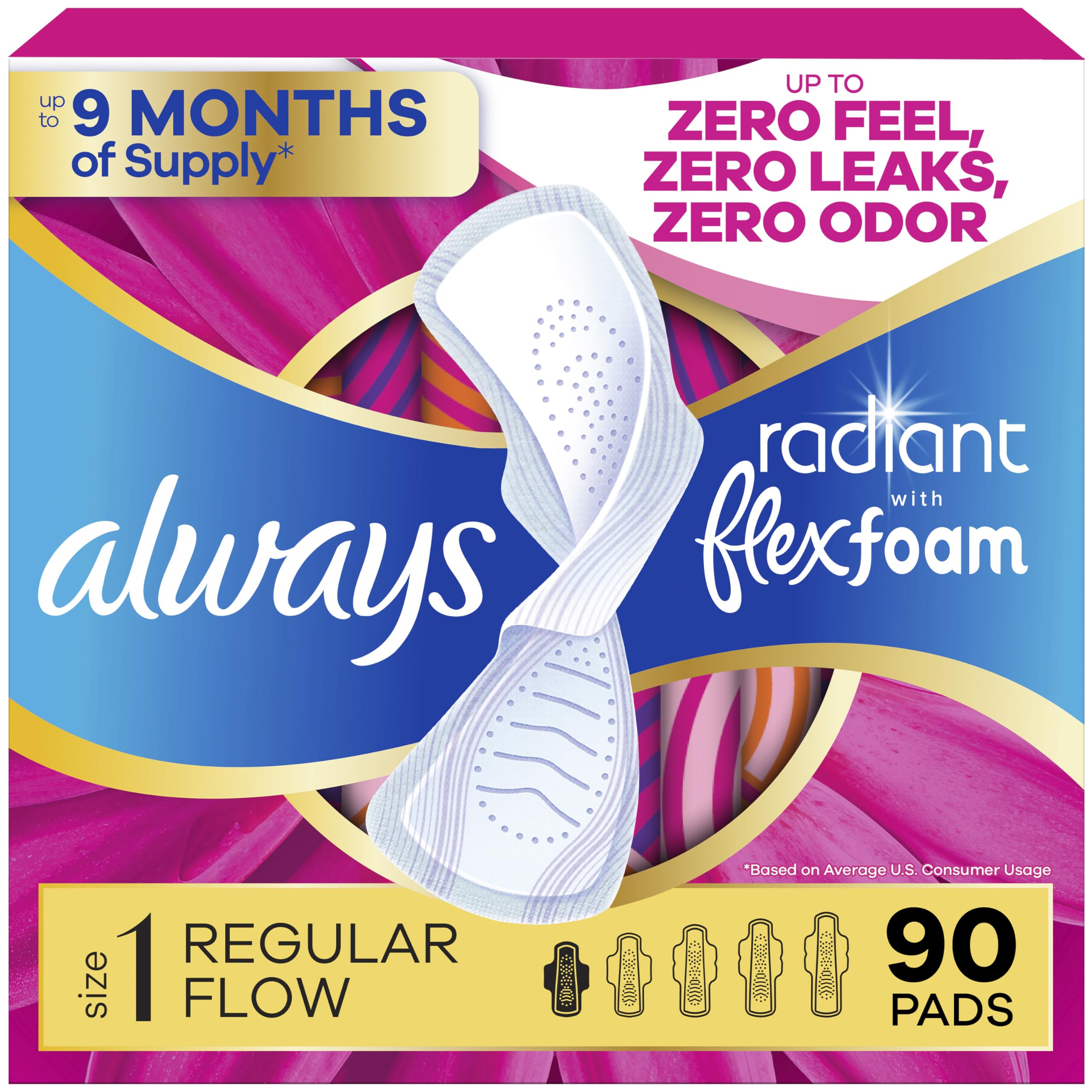 Always Radiant frente del empaque mostrando 90 unidades y beneficio de protección