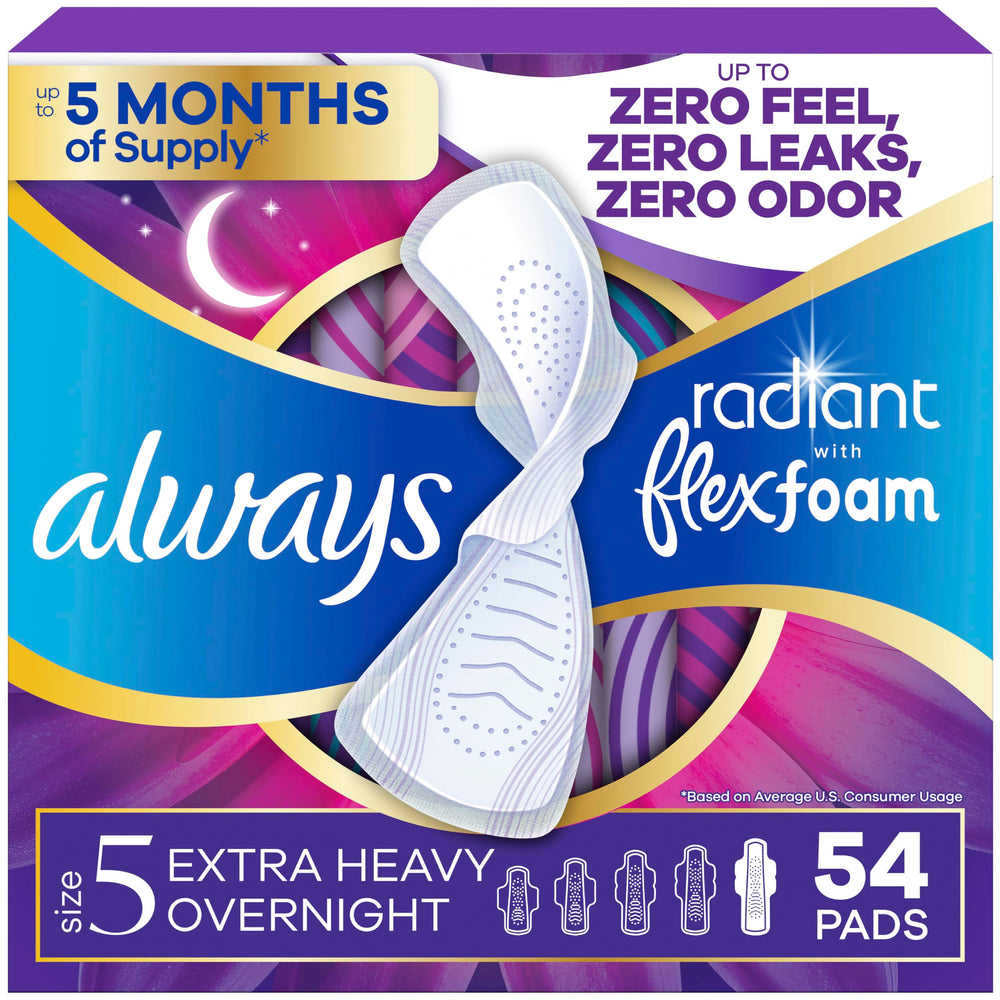 Always Radiant frente del empaque mostrando 54 unidades y diseño claro