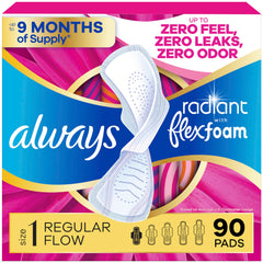 Always Radiant frente del empaque mostrando 90 unidades y beneficio de protección