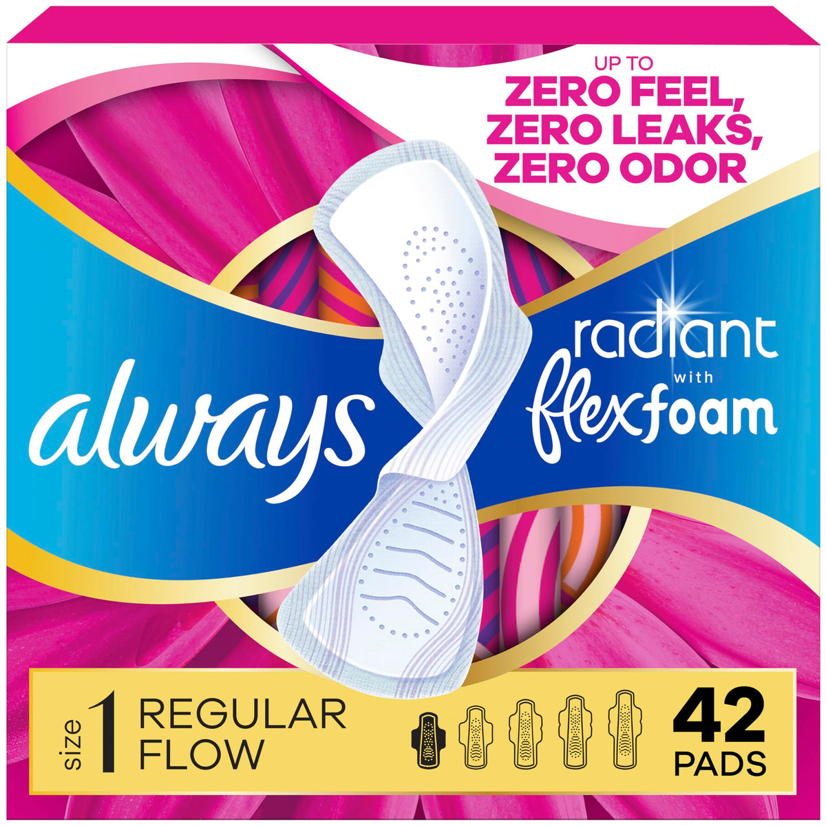 Always Radiant frente del empaque mostrando 42 unidades y conveniencia