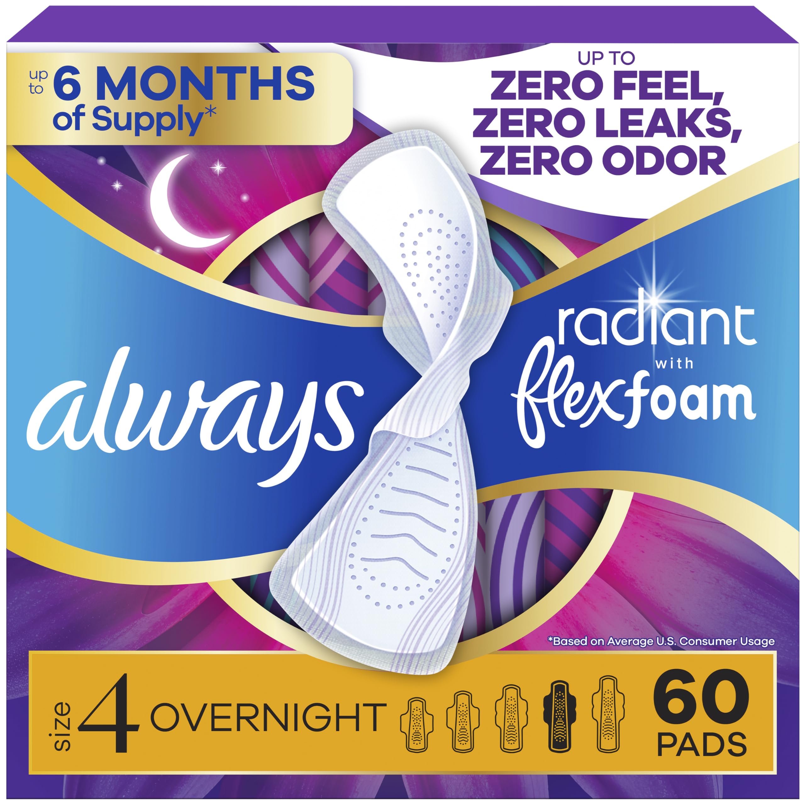 Always Radiant paquete frontal mostrando 60 unidades y protección nocturna