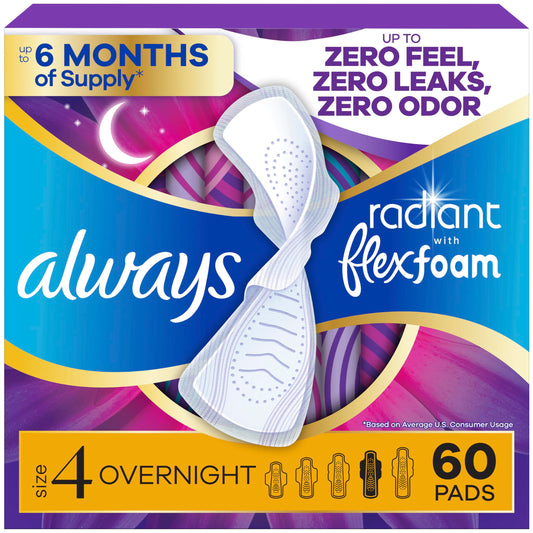 Always Radiant paquete frontal mostrando 60 unidades y protección nocturna