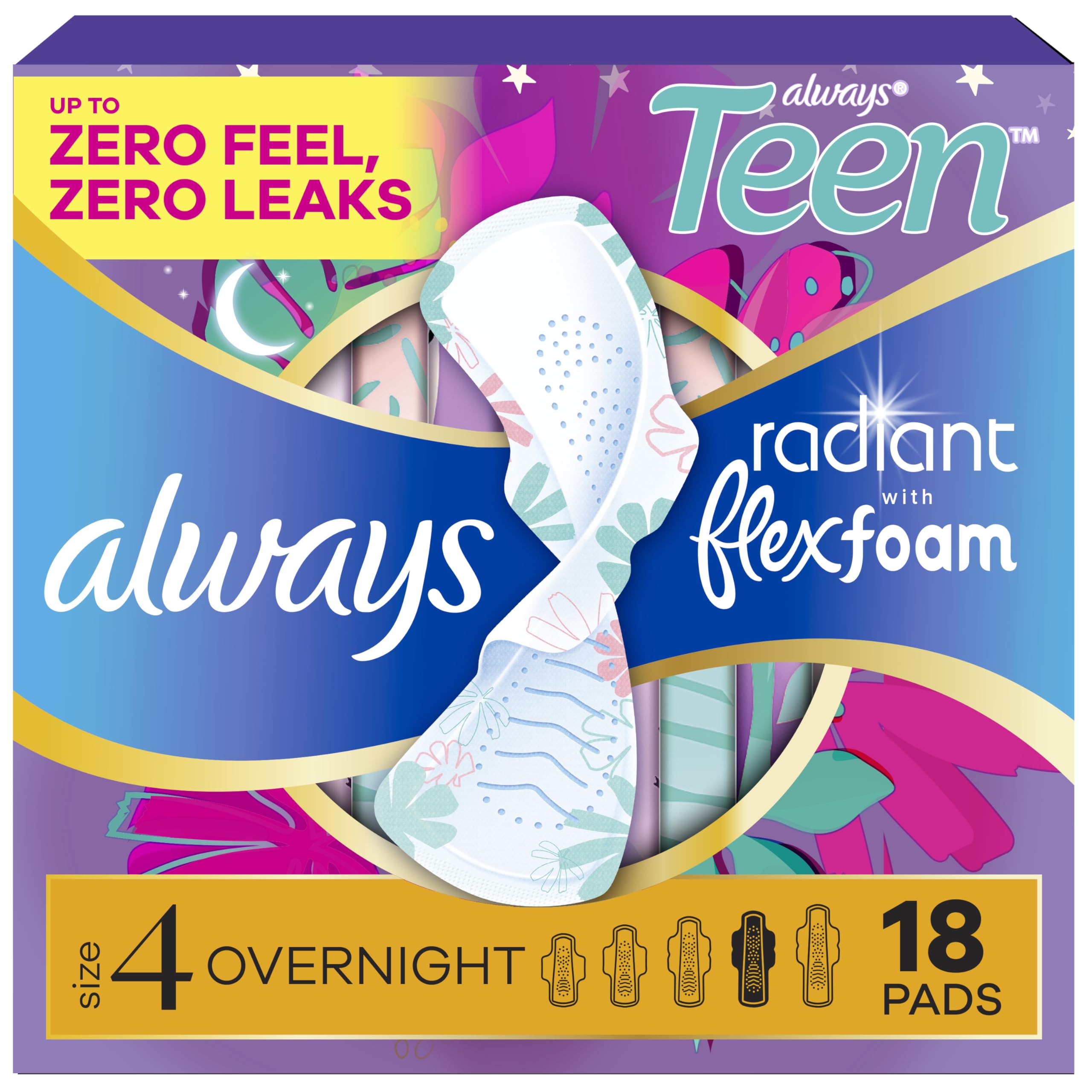 Always Radiant Teen frente del empaque mostrando 18 unidades y protección prolongada