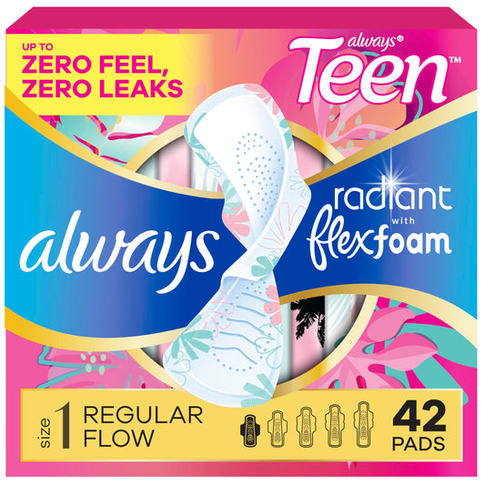 Always Radiant Teen paquete frontal mostrando 42 unidades y diseño compacto