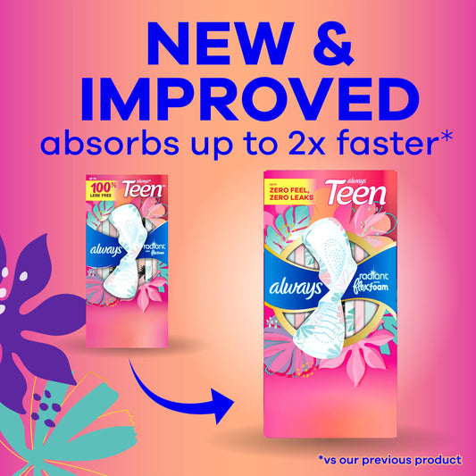 Always Radiant Teen primer plano de la textura FlexFoam para comodidad y delgadez