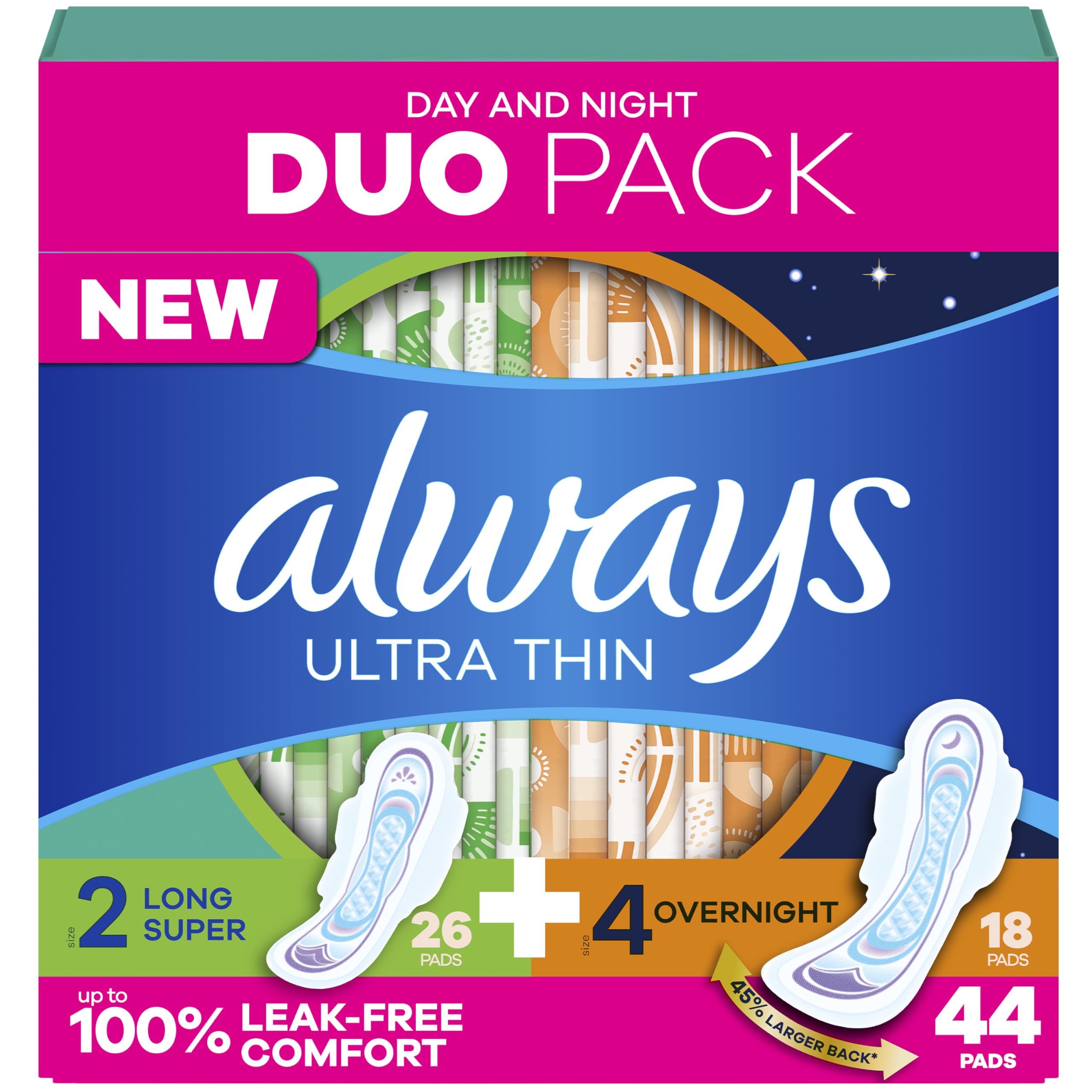 Always paquete frontal mostrando 44 toallas para protección diaria y nocturna
