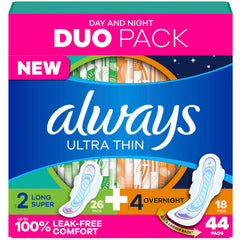 Always paquete frontal mostrando 44 toallas para protección diaria y nocturna