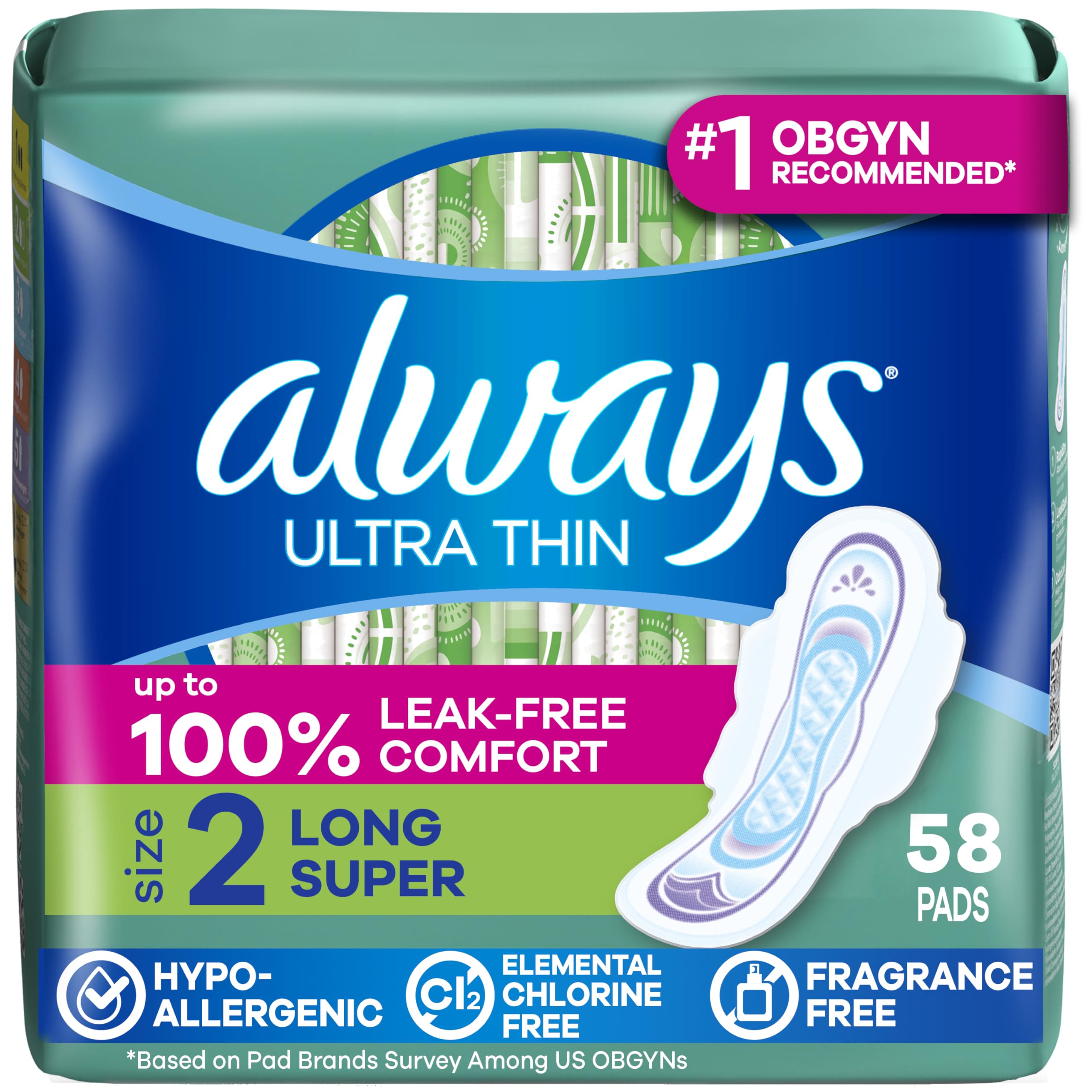 Always empaque frontal mostrando 58 unidades y beneficios principales