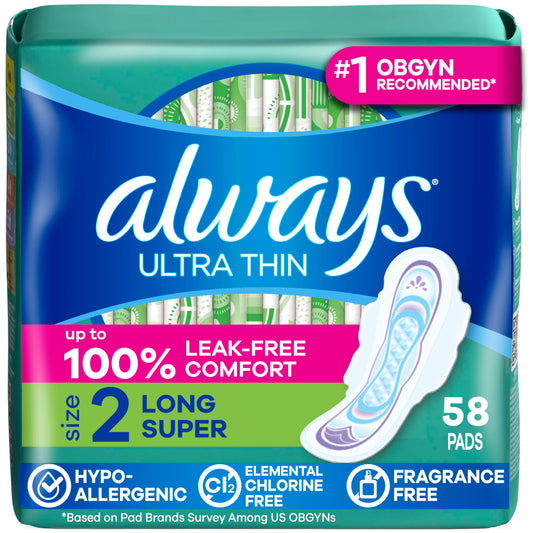 Always empaque frontal mostrando 58 unidades y beneficios principales
