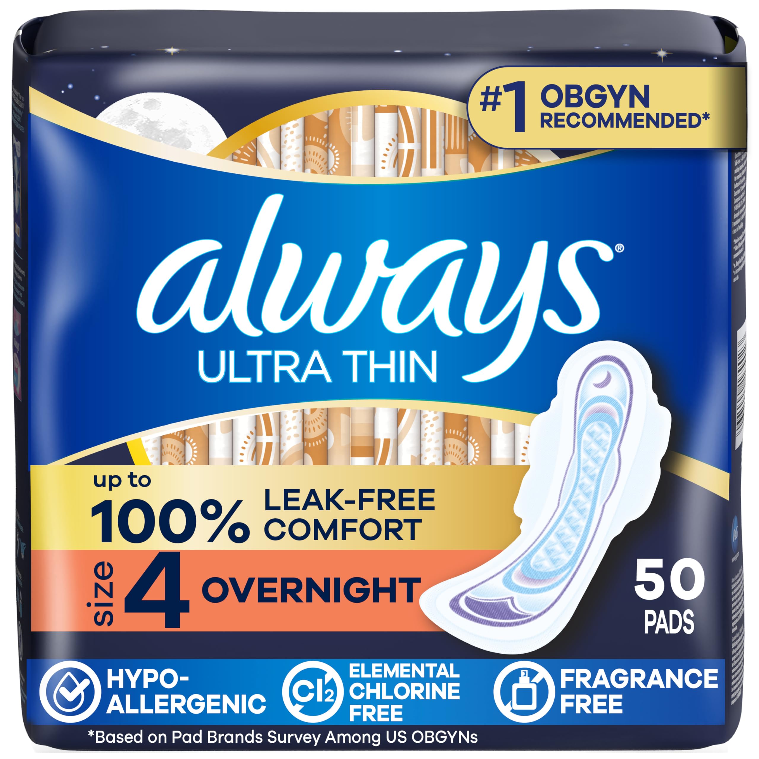 Always empaque frontal mostrando 50 unidades y protección nocturna