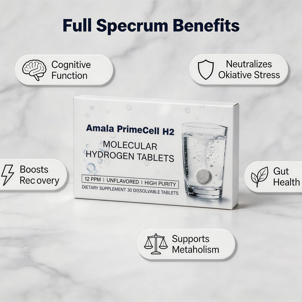 Tableta Amala PrimeCell H2 efervesciendo en vaso creando agua rica en hidrógeno