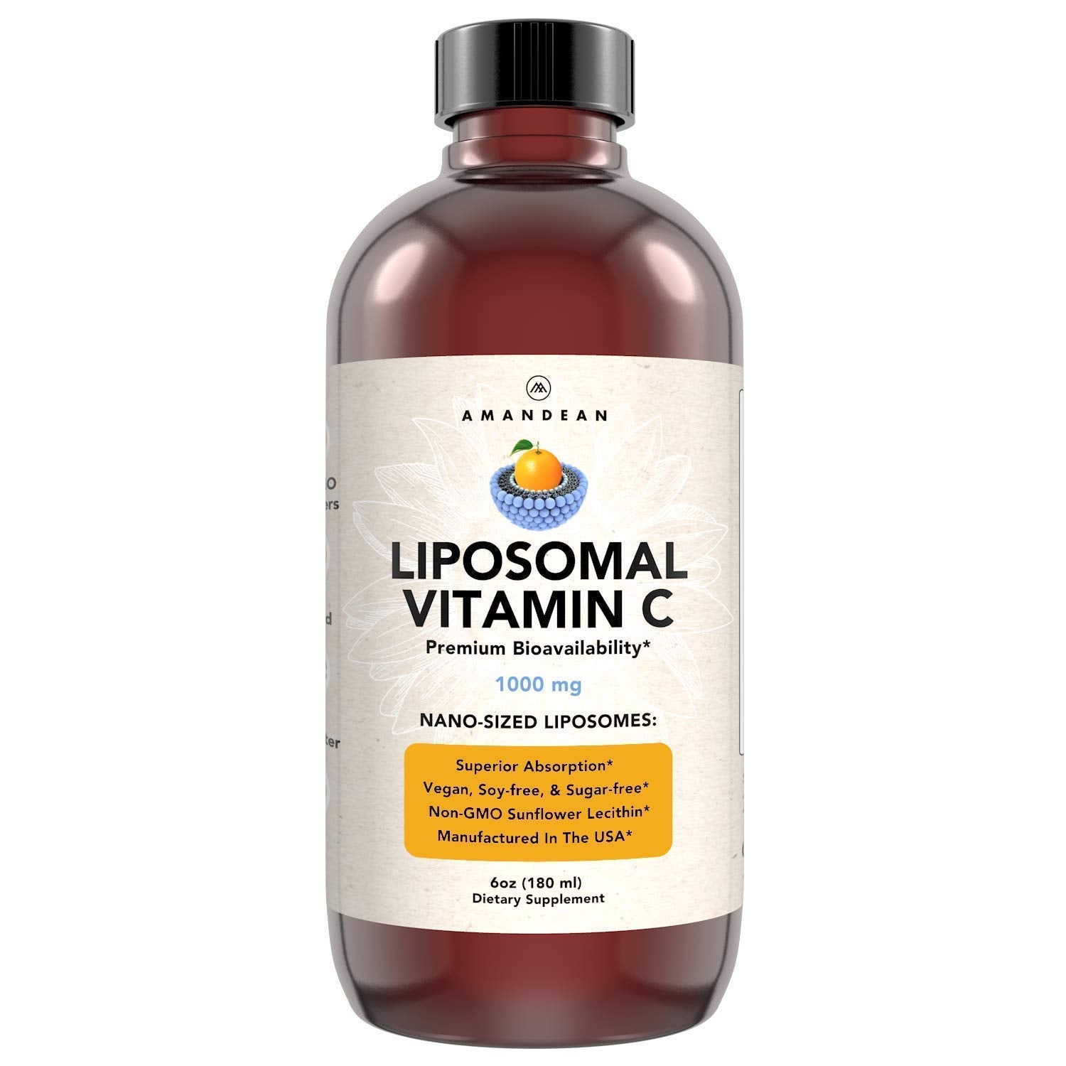 AMANDEAN envase frontal de vitamina C liposomal, fácil identificación y consumo