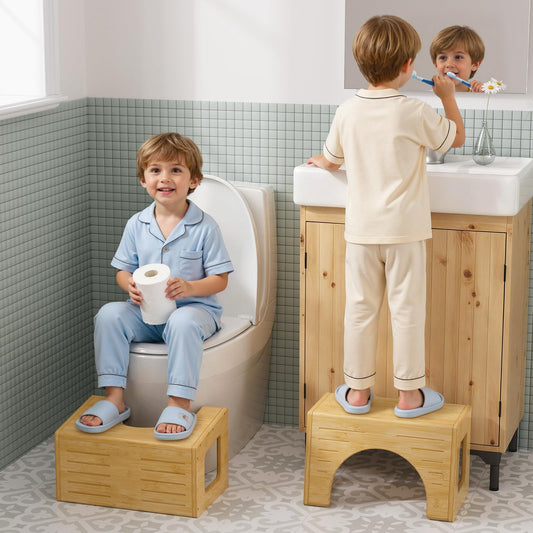 AmazerBath vista frontal del banquito de bambú, soporte seguro para niños