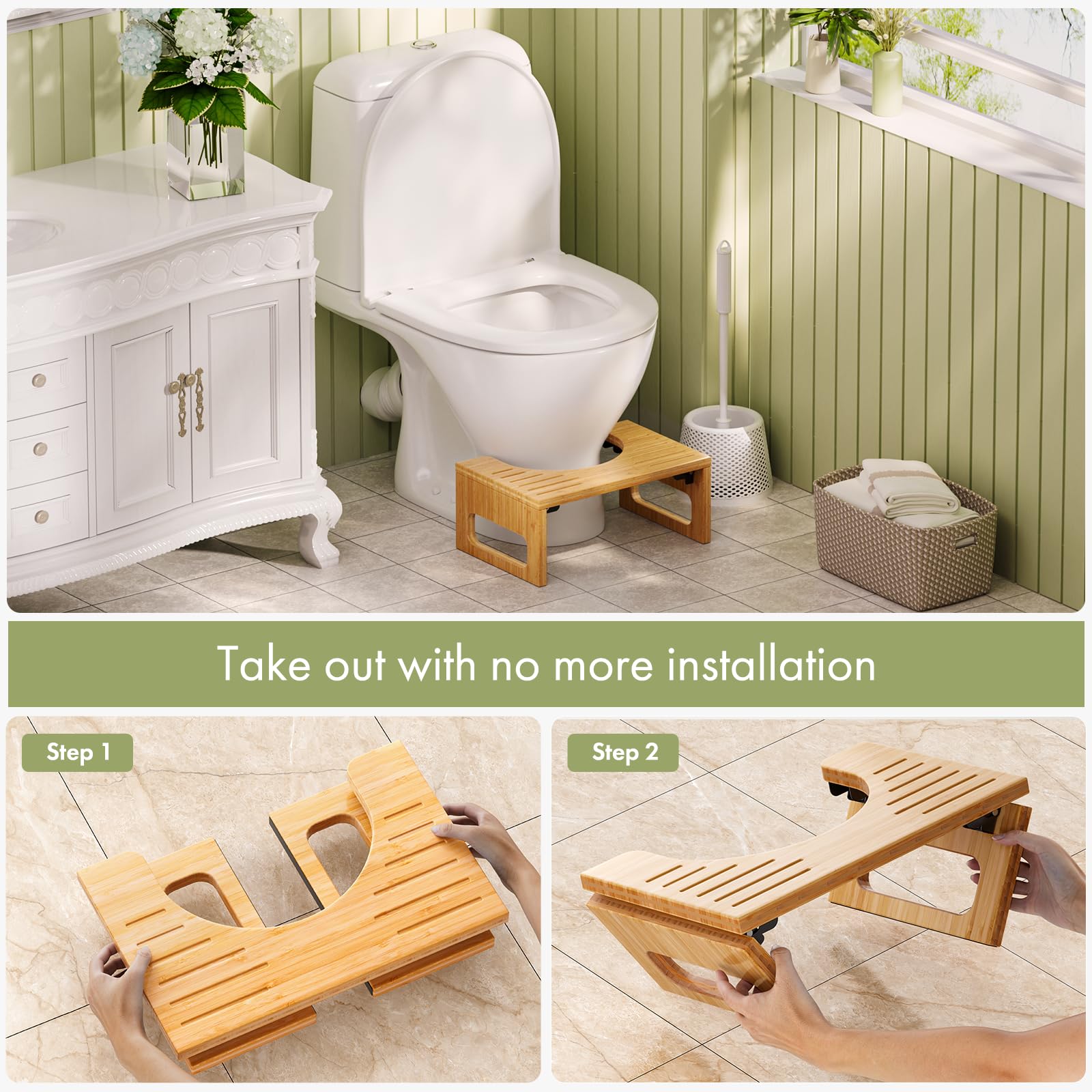 AmazerBath taburete plegado junto al inodoro, ahorro de espacio comprobado