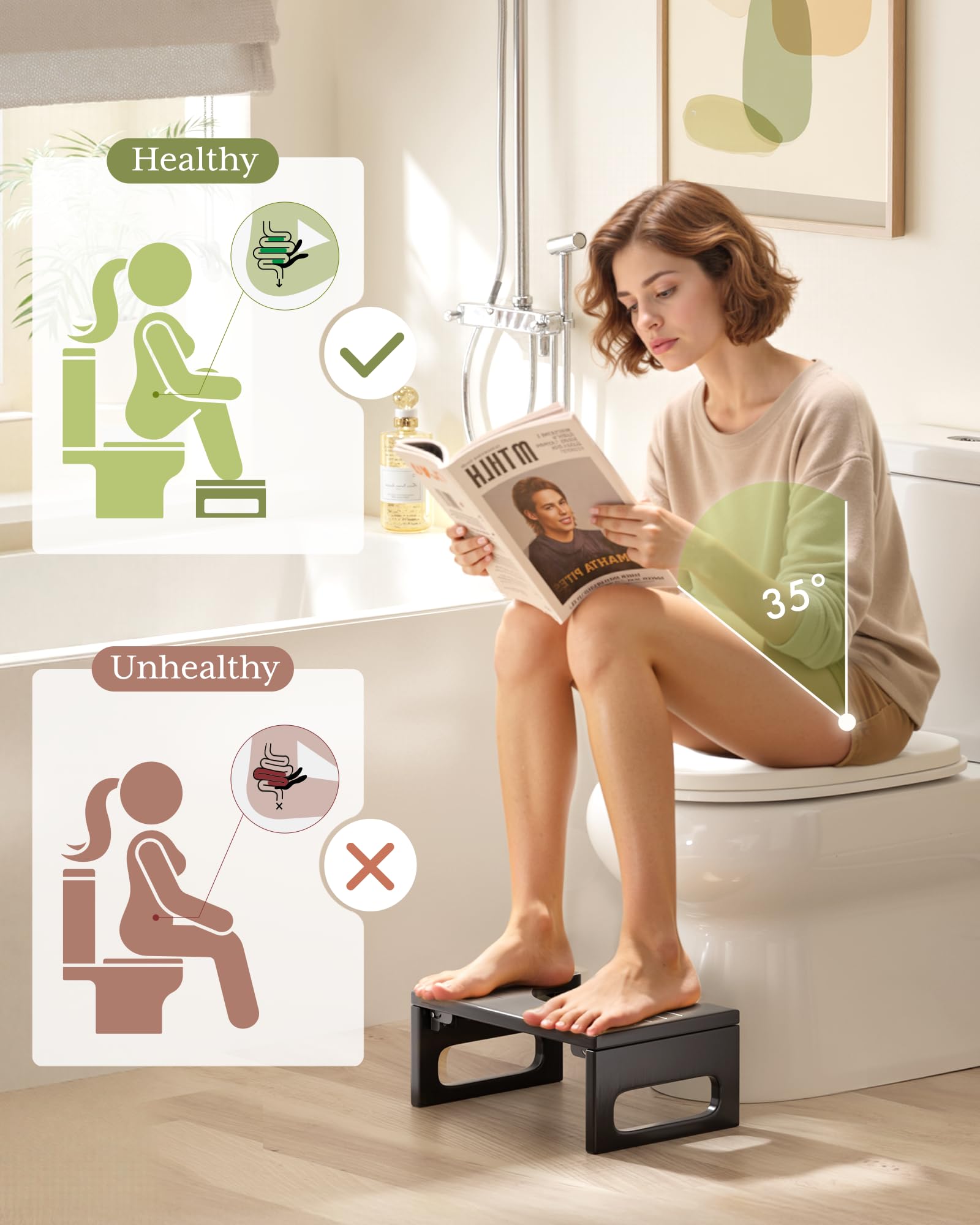 AmazerBath persona apoyando pies en el taburete mostrando uso cómodo