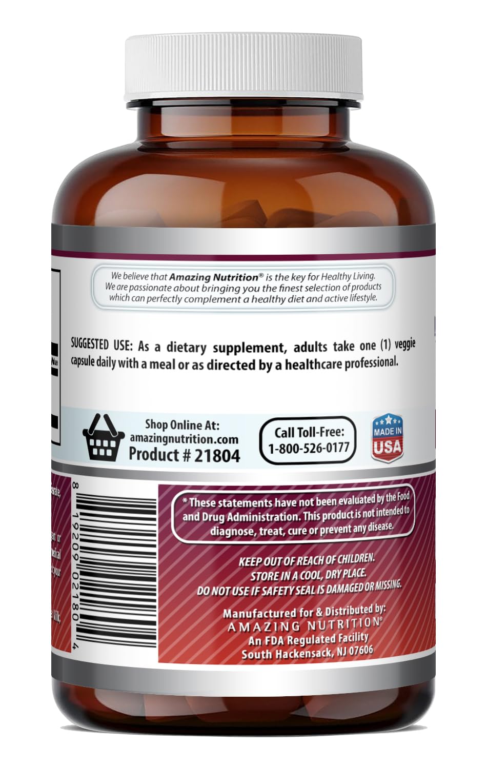Amazing Nutrition etiqueta con información de 500 mg por cápsula y pruebas