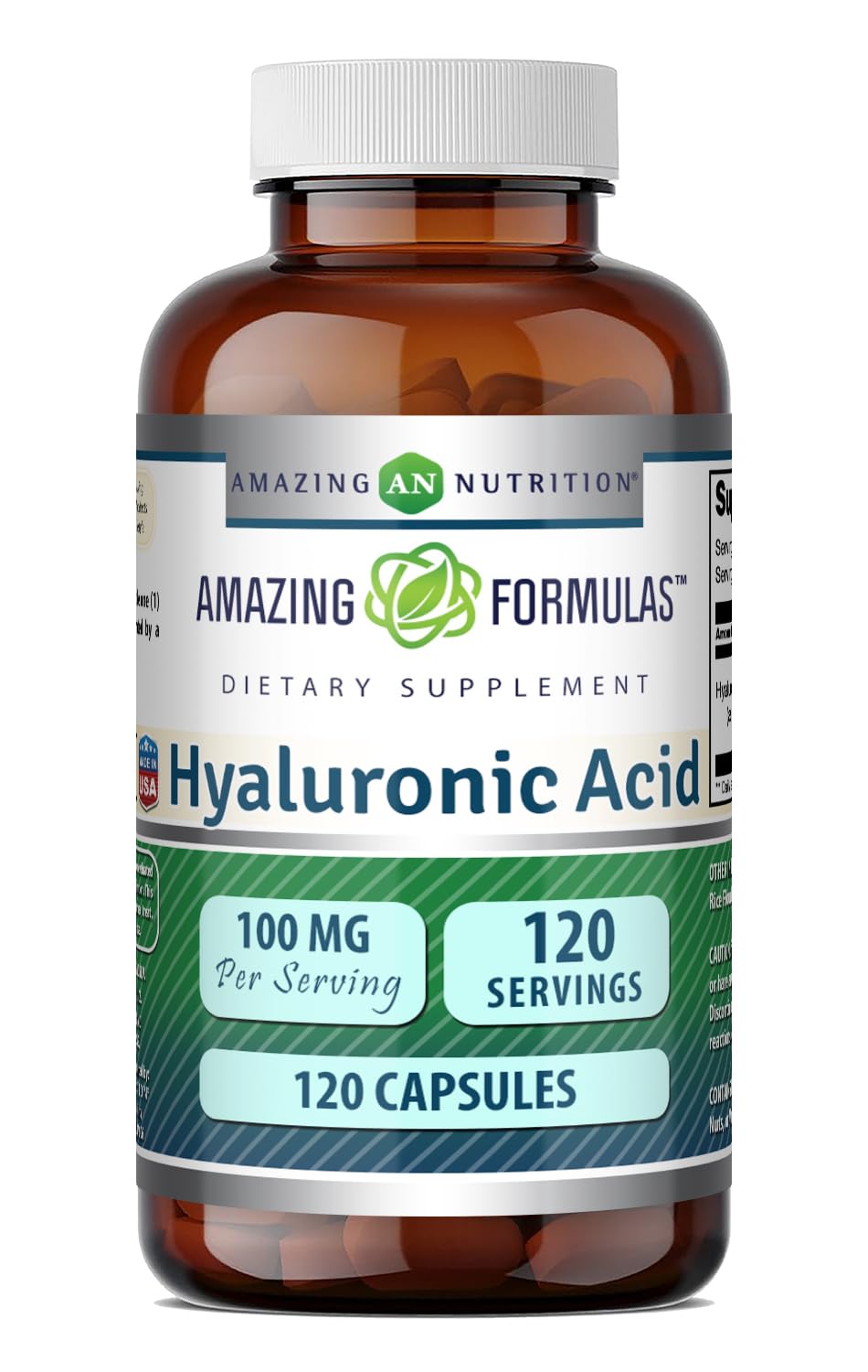 Amazing Nutrition frente del envase mostrando 120 cápsulas y beneficios claros