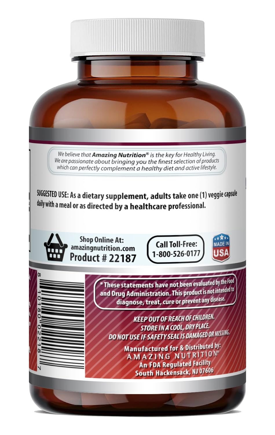Amazing Nutrition botella abierta con cápsulas visibles, conveniencia