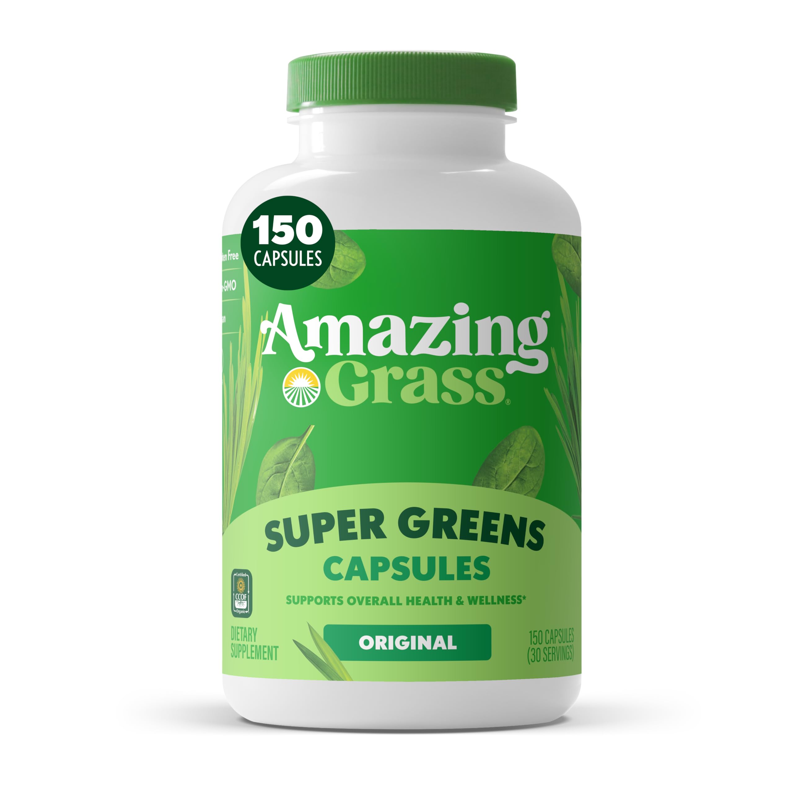 Amazing Grass frasco frontal que muestra 150 cápsulas y beneficios orgánicos