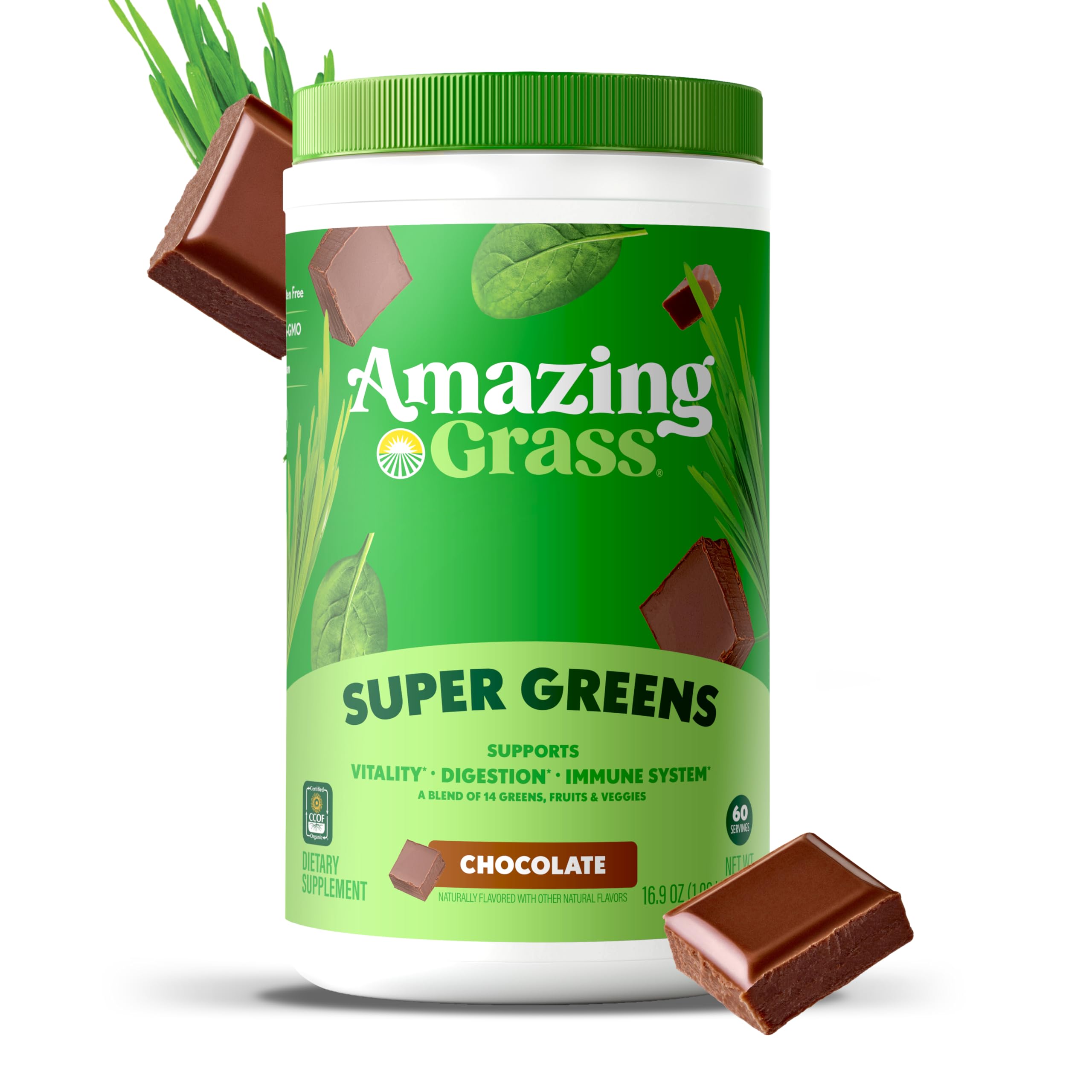 Amazing Grass envase junto a mano para ver escala y cantidad de porciones