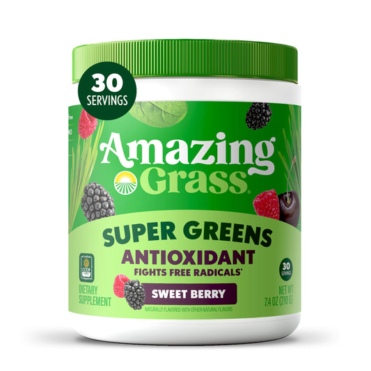 Amazing Grass envase frontal mostrando Sweet Berry y beneficios claros