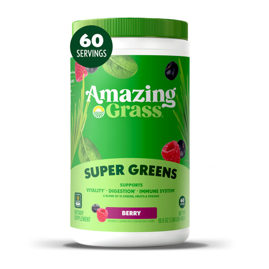 Amazing Grass envase frontal berry mostrando 60 porciones y beneficios orgánicos