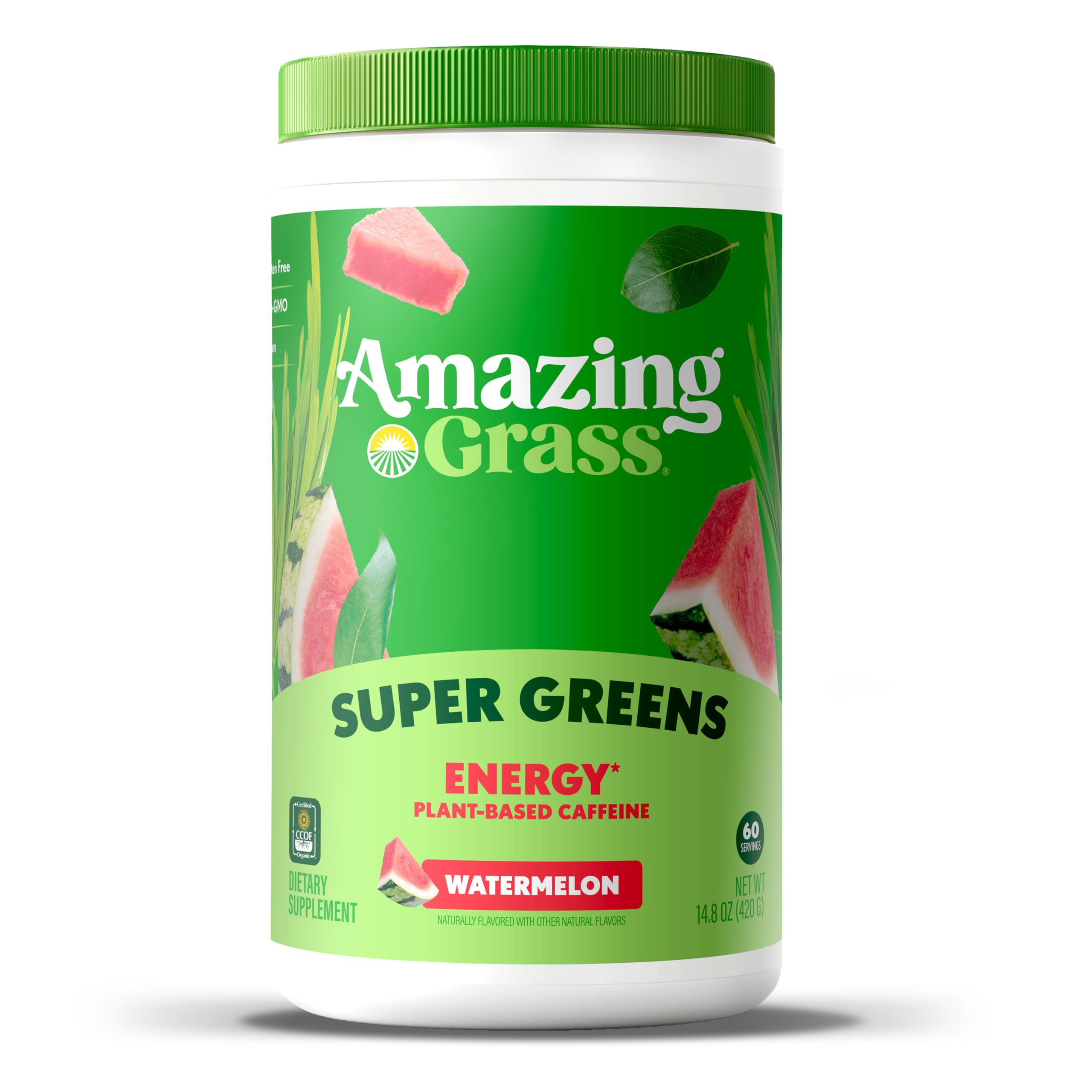 Amazing Grass envase frontal mostrando 60 servicios y sabor sandía, práctico y orgánico
