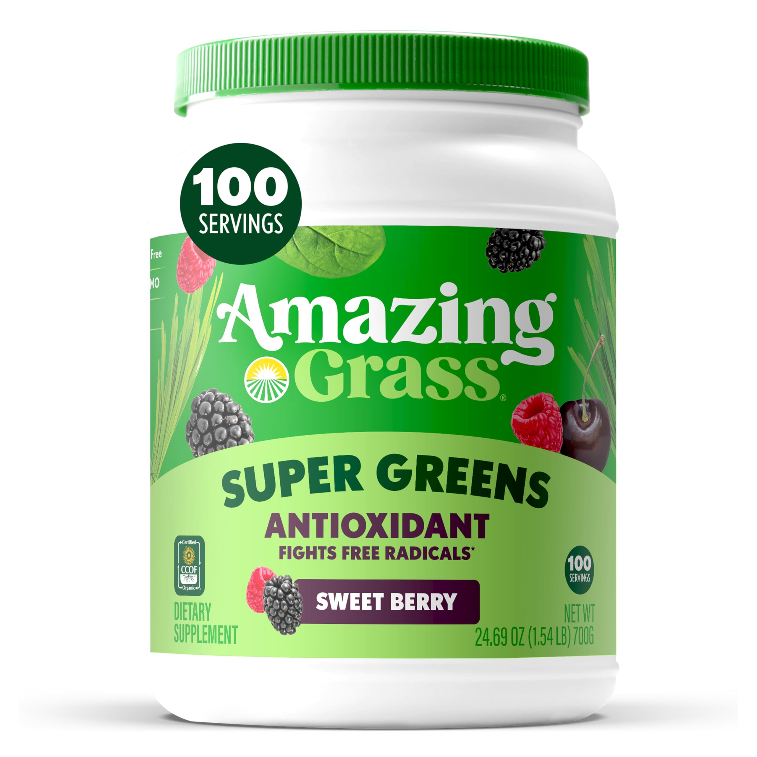 Amazing Grass empaque frontal mostrando 100 porciones y beneficios
