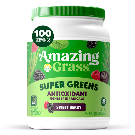 Amazing Grass empaque frontal mostrando 100 porciones y beneficios