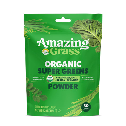 Amazing Grass empaque frontal mostrando 30 porciones y beneficios visibles