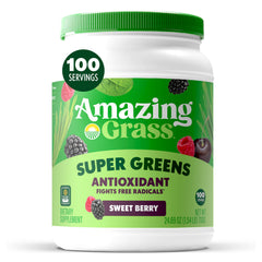 Amazing Grass empaque frontal mostrando 100 porciones y beneficios