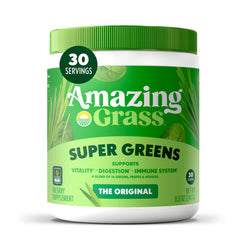 Amazing Grass frente del envase mostrando diseño y cantidad 30 porciones