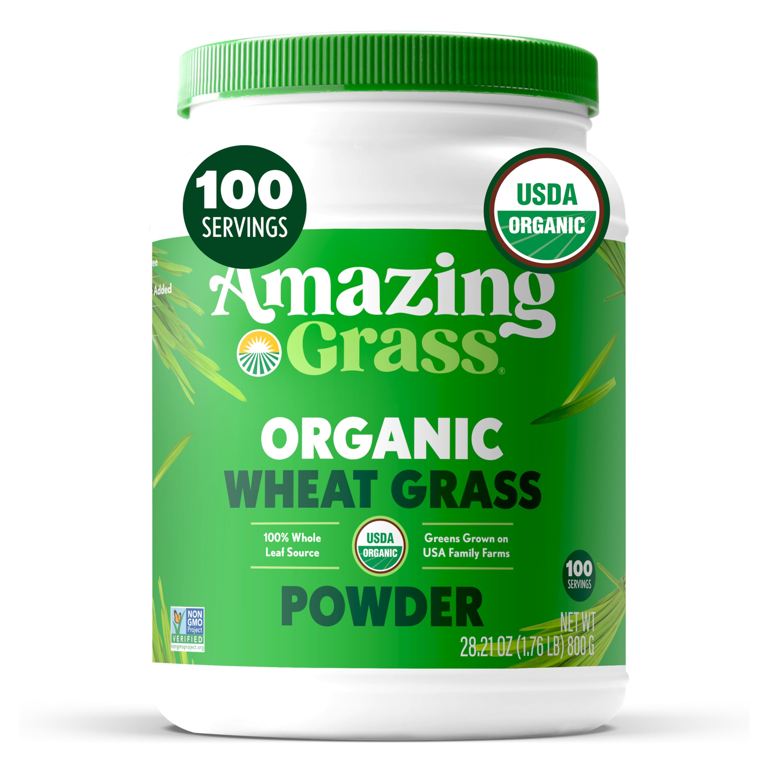Amazing Grass envase frontal mostrando 100 servicios y diseño claro