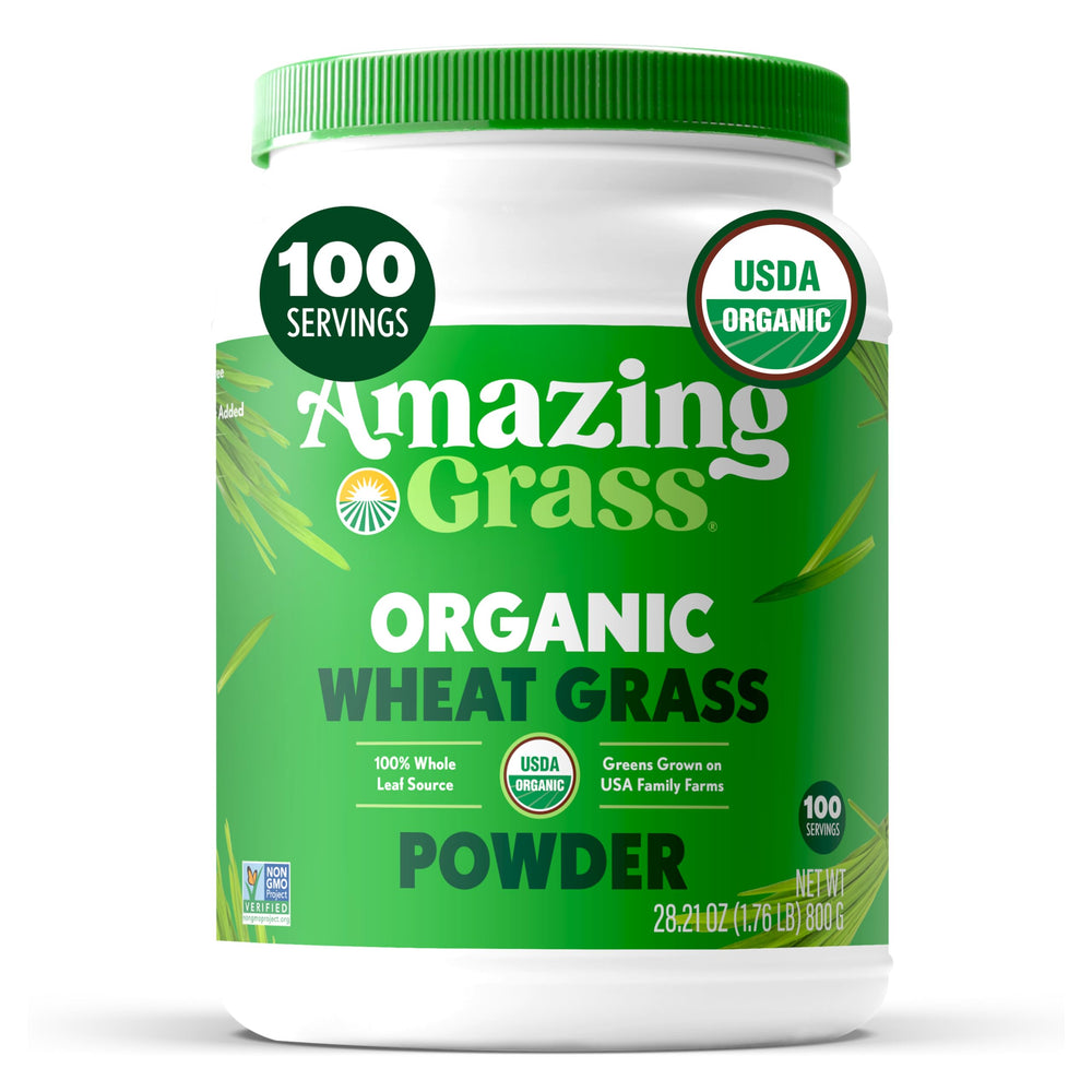 Amazing Grass envase frontal mostrando 100 servicios y diseño claro
