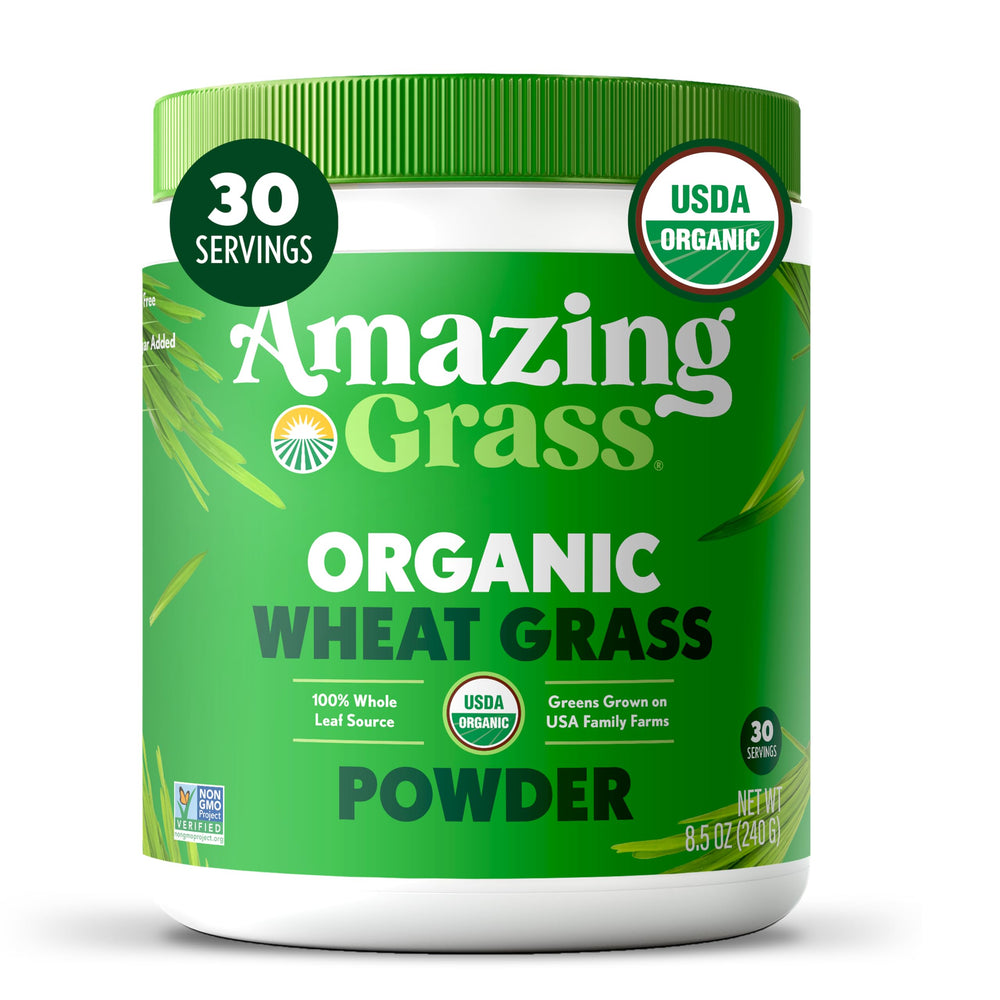 Amazing Grass frasco frontal mostrando diseño y envase, confianza en origen orgánico