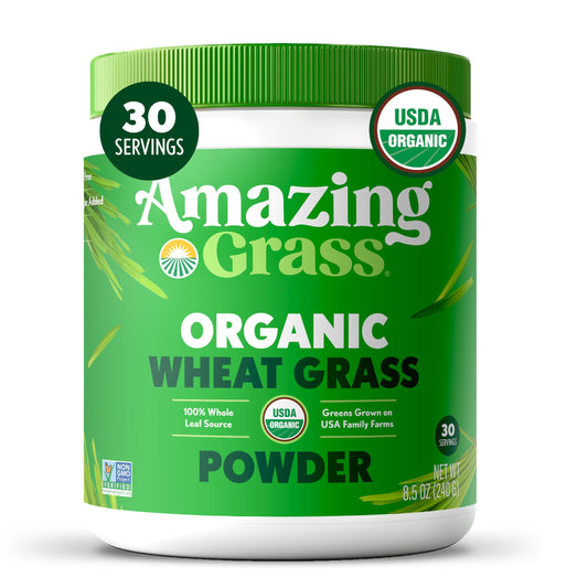 Amazing Grass frasco frontal mostrando diseño y envase, confianza en origen orgánico