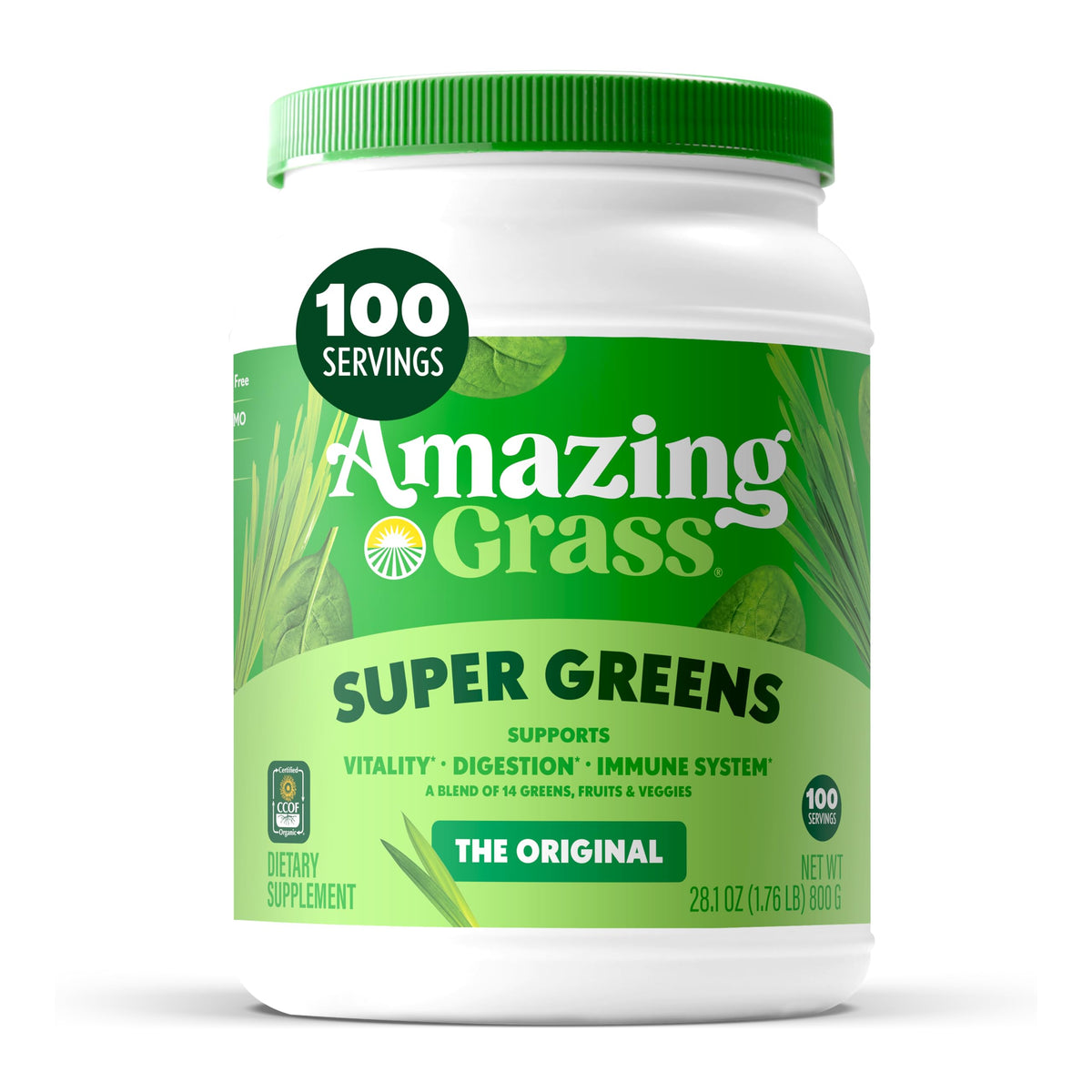 Amazing Grass envase frontal mostrando 100 porciones y beneficios