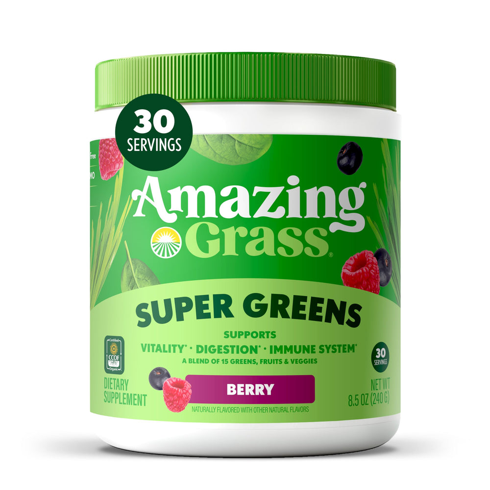 Amazing Grass frasco frontal mostrando etiqueta y tamaño conveniente